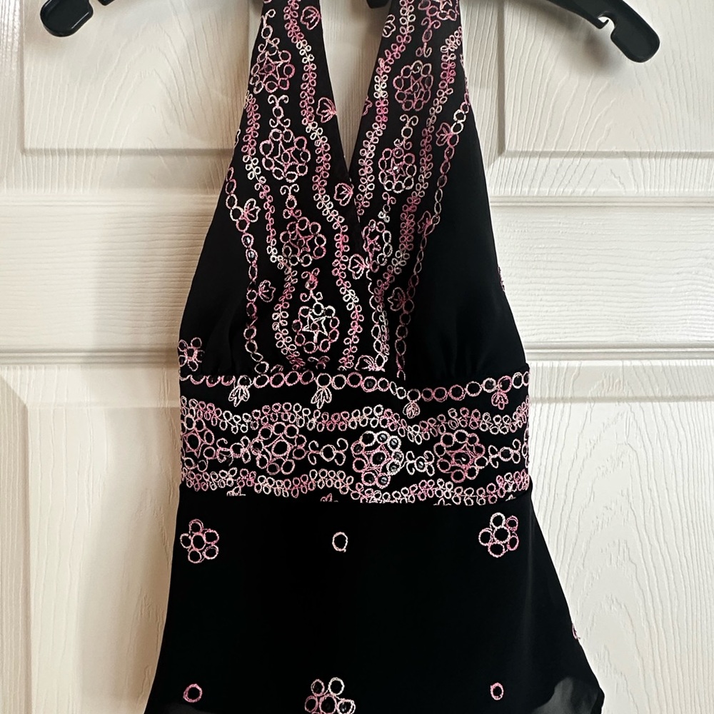 Cache Black and Pink Embroidered Sequin Halter Blouse